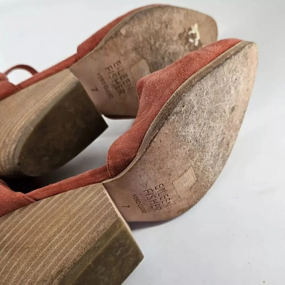EILEEN FISHER Tilda Pumps Heels Brick Orange Suede Womens Strappy Zip Shoes Sz 7